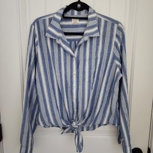 J.CREW BLUE WHITE STRIPED LONG SLEEVE SHIRT W/TIE FRONT - SIZE XL